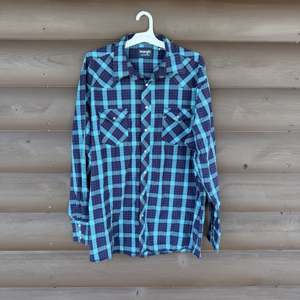 Vntg Wrangler Wrancher Mens Sz 2XL Blue Plaid Long Sleeve Pearl Snaps Western
